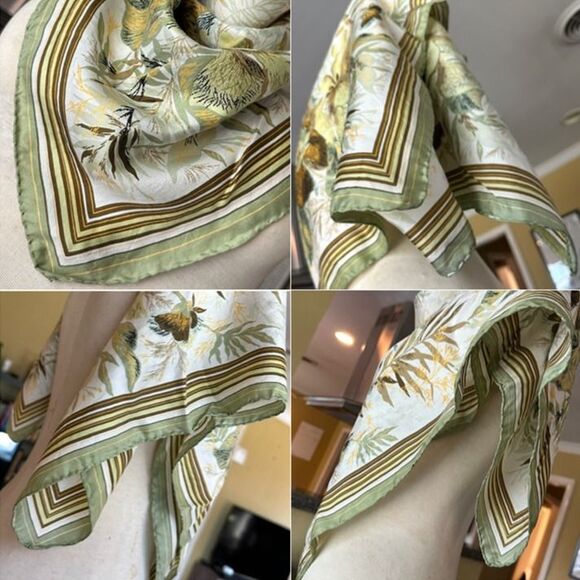 VTG 50s 60s Large 100% Silk Retro Muted Toned Floral Scarf Cream Sage Green 33” - Picture 11 of 11